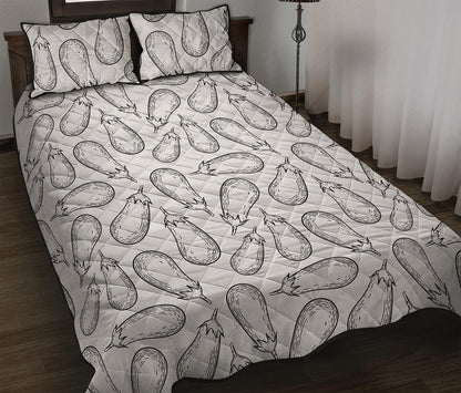 White Eggplant Drawing Print Quilt Bed Set