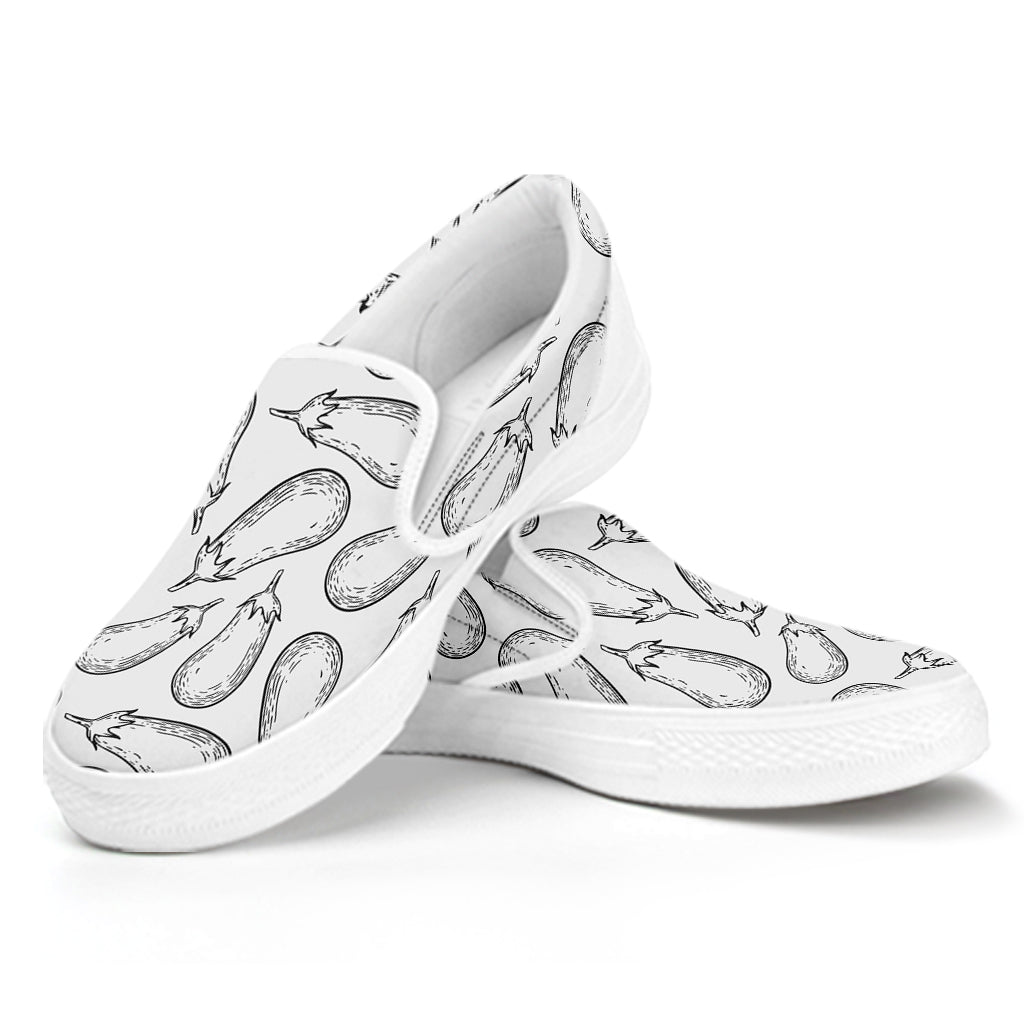 White Eggplant Drawing Print White Slip On Shoes