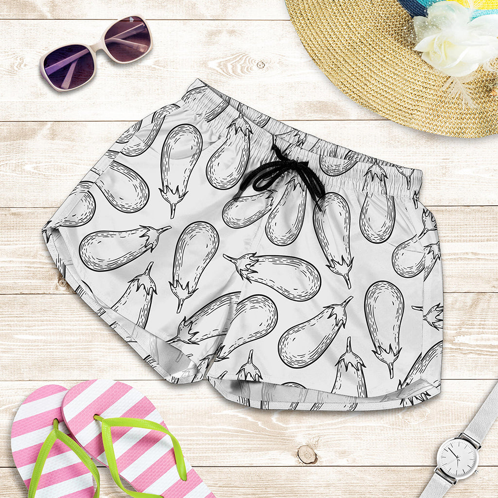 White Eggplant Drawing Print Women's Shorts