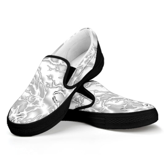 White Electric Lightning Print Black Slip On Shoes