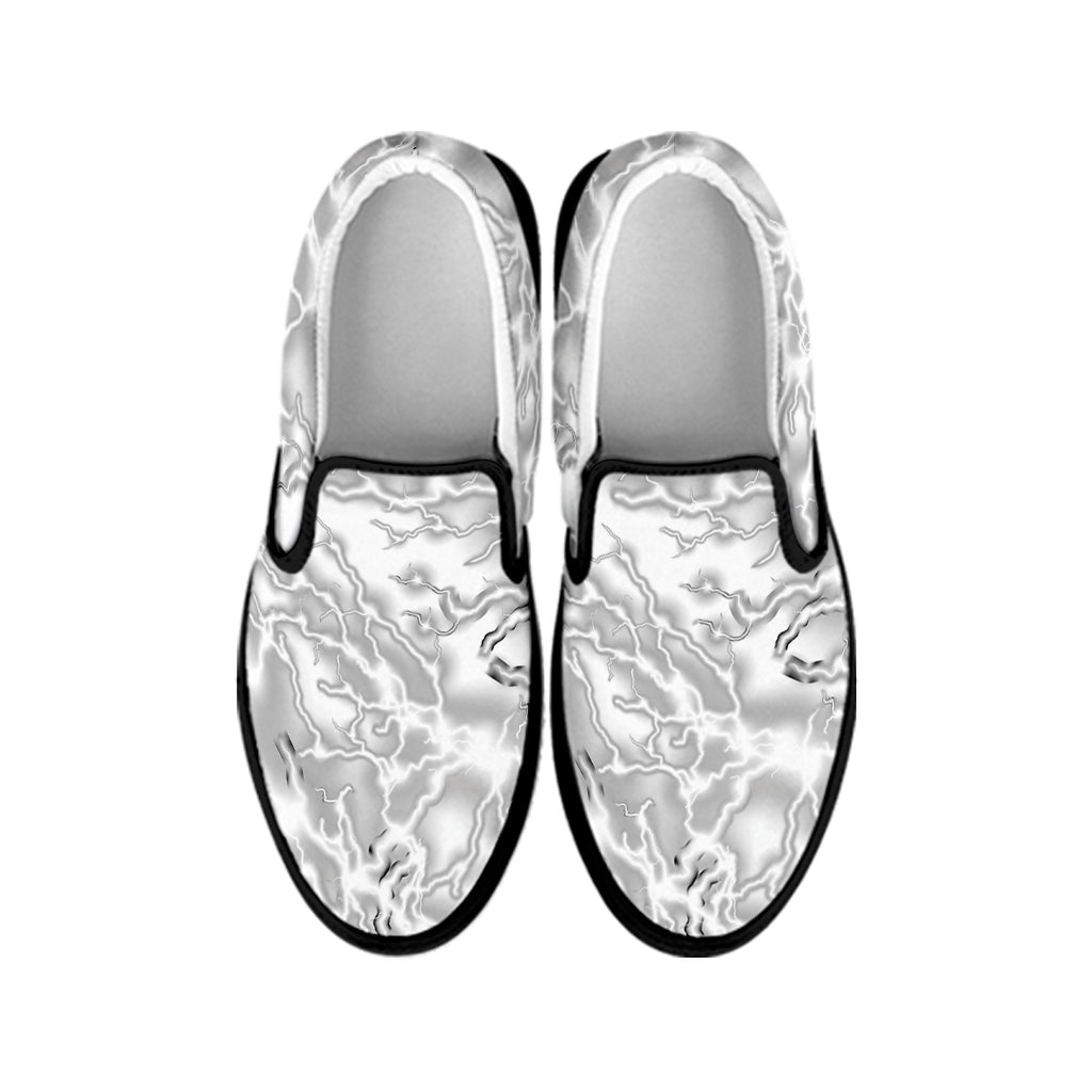 White Electric Lightning Print Black Slip On Shoes