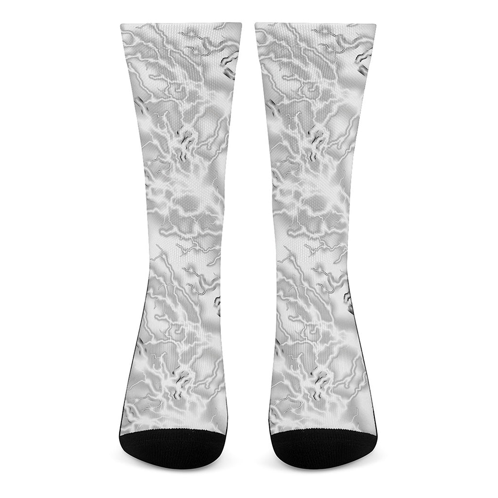 White Electric Lightning Print Crew Socks