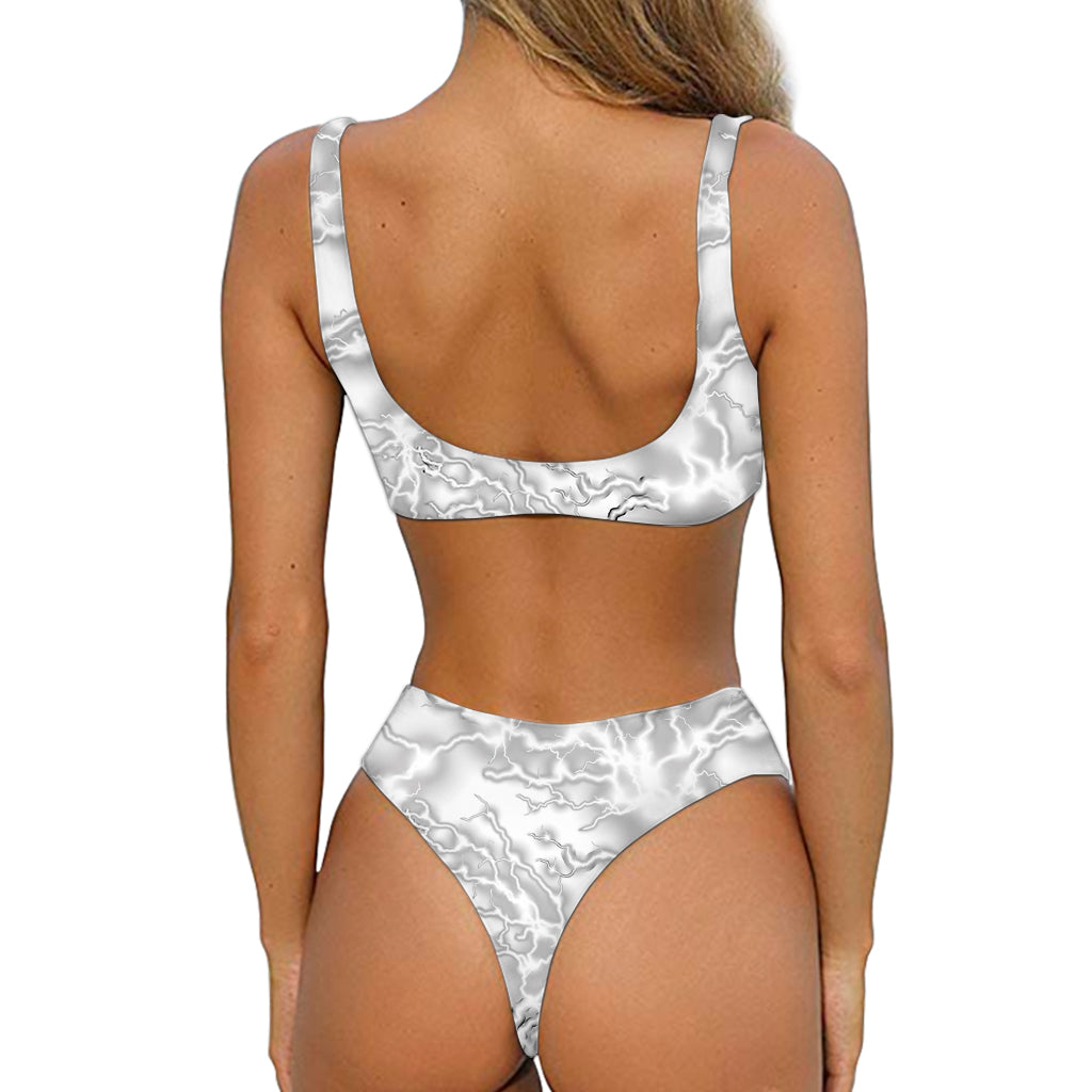 White Electric Lightning Print Front Bow Tie Bikini