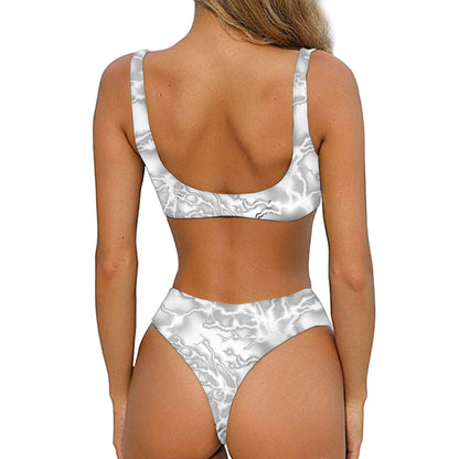 White Electric Lightning Print Front Bow Tie Bikini