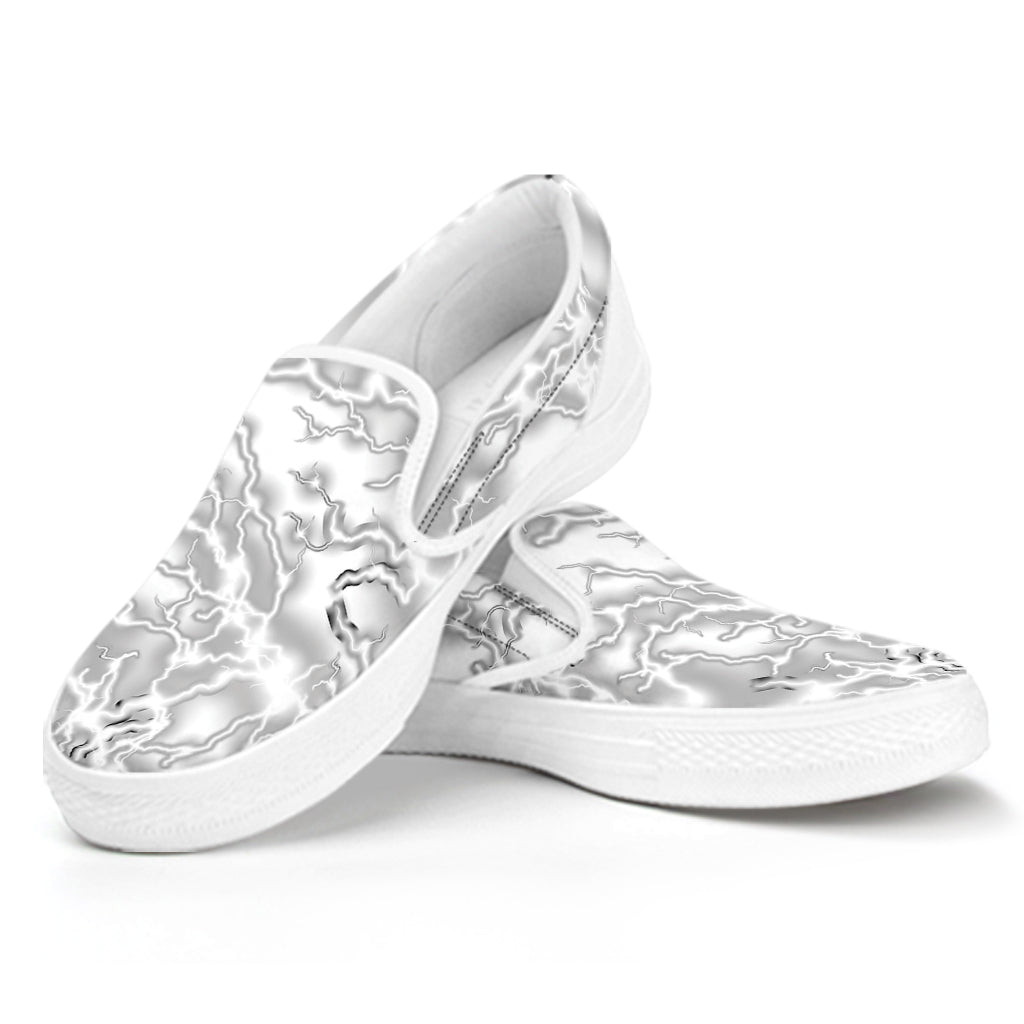 White Electric Lightning Print White Slip On Shoes