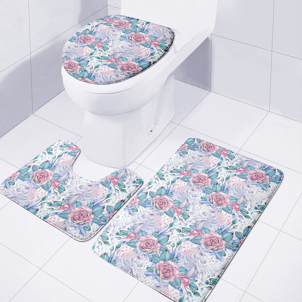 White Fairy Rose Unicorn Pattern Print 3 Piece Bath Mat Set