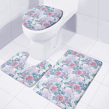 White Fairy Rose Unicorn Pattern Print 3 Piece Bath Mat Set