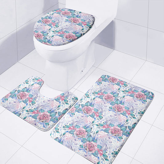 White Fairy Rose Unicorn Pattern Print 3 Piece Bath Mat Set