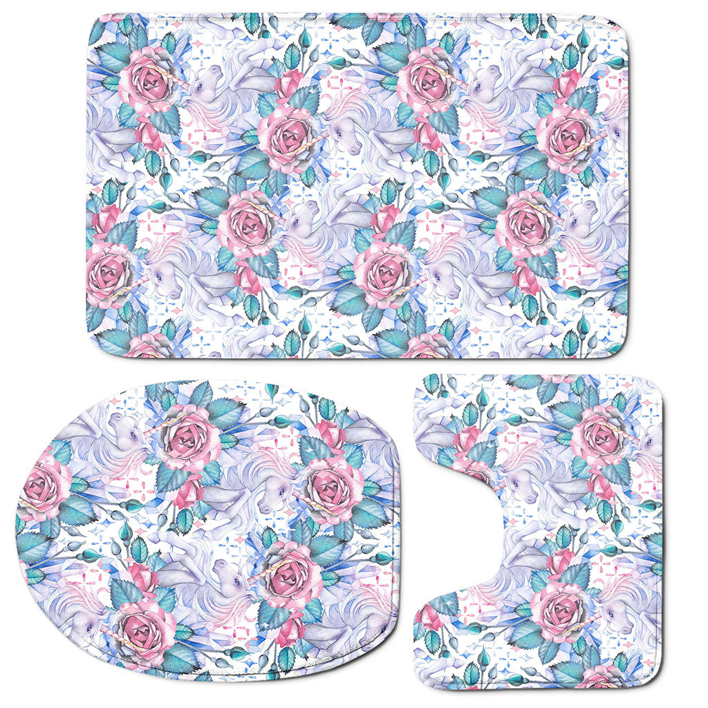White Fairy Rose Unicorn Pattern Print 3 Piece Bath Mat Set
