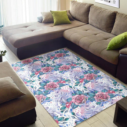White Fairy Rose Unicorn Pattern Print Area Rug GearFrost