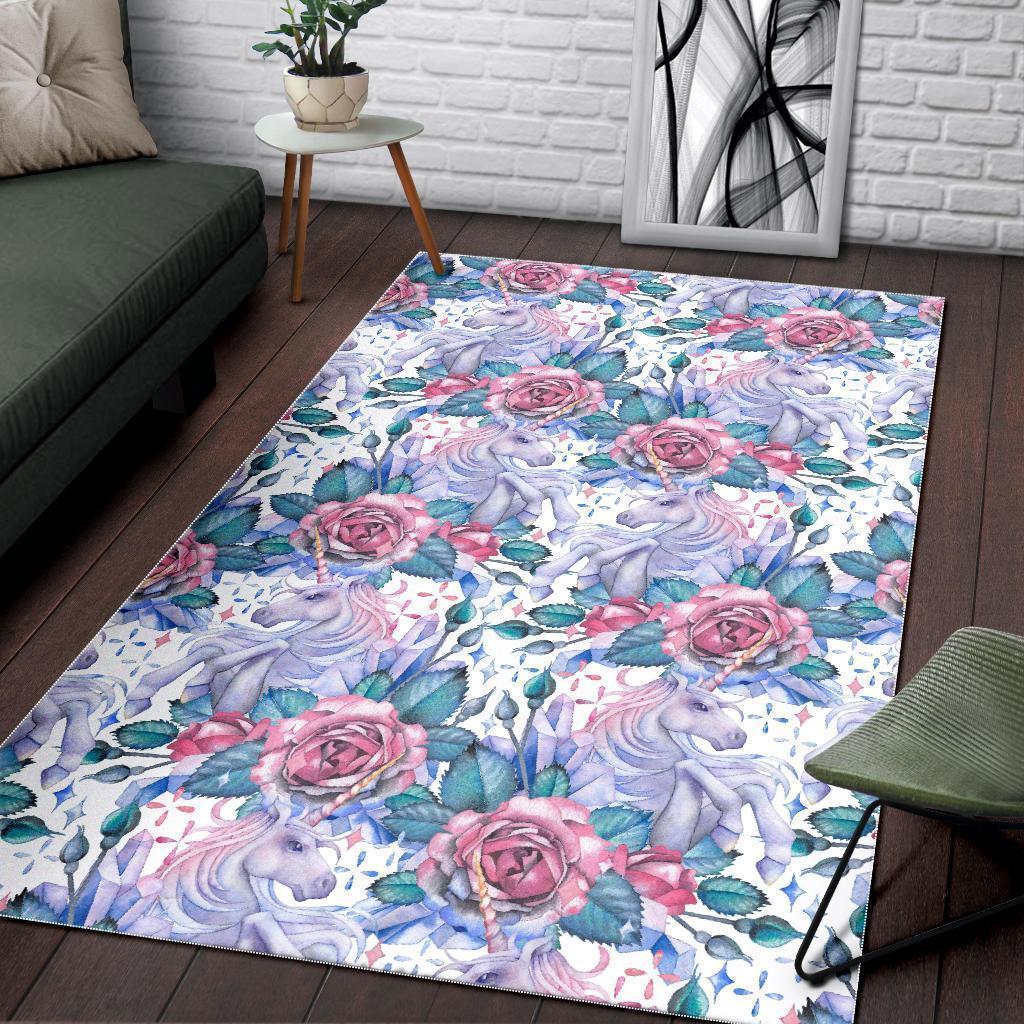 White Fairy Rose Unicorn Pattern Print Area Rug GearFrost