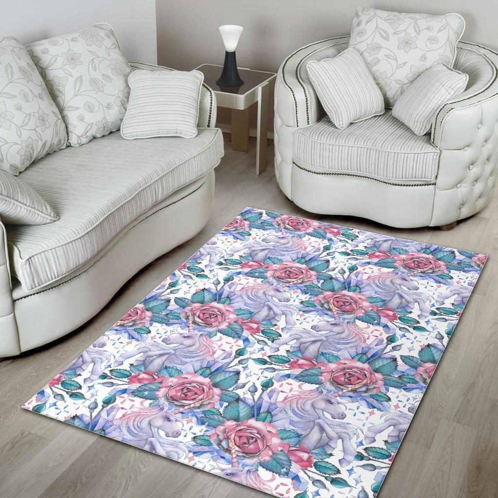 White Fairy Rose Unicorn Pattern Print Area Rug GearFrost