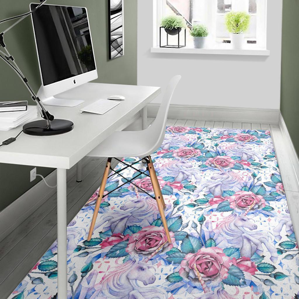 White Fairy Rose Unicorn Pattern Print Area Rug GearFrost