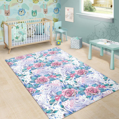 White Fairy Rose Unicorn Pattern Print Area Rug GearFrost