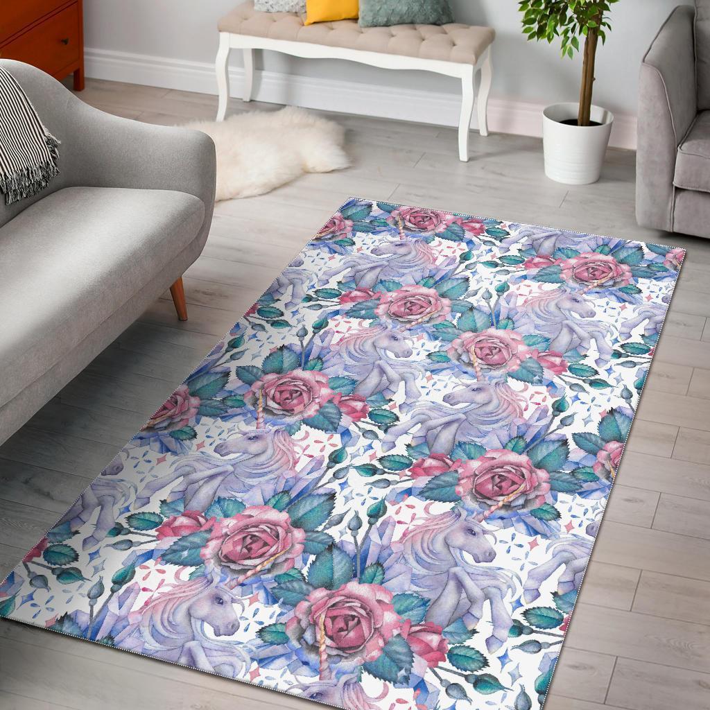 White Fairy Rose Unicorn Pattern Print Area Rug GearFrost