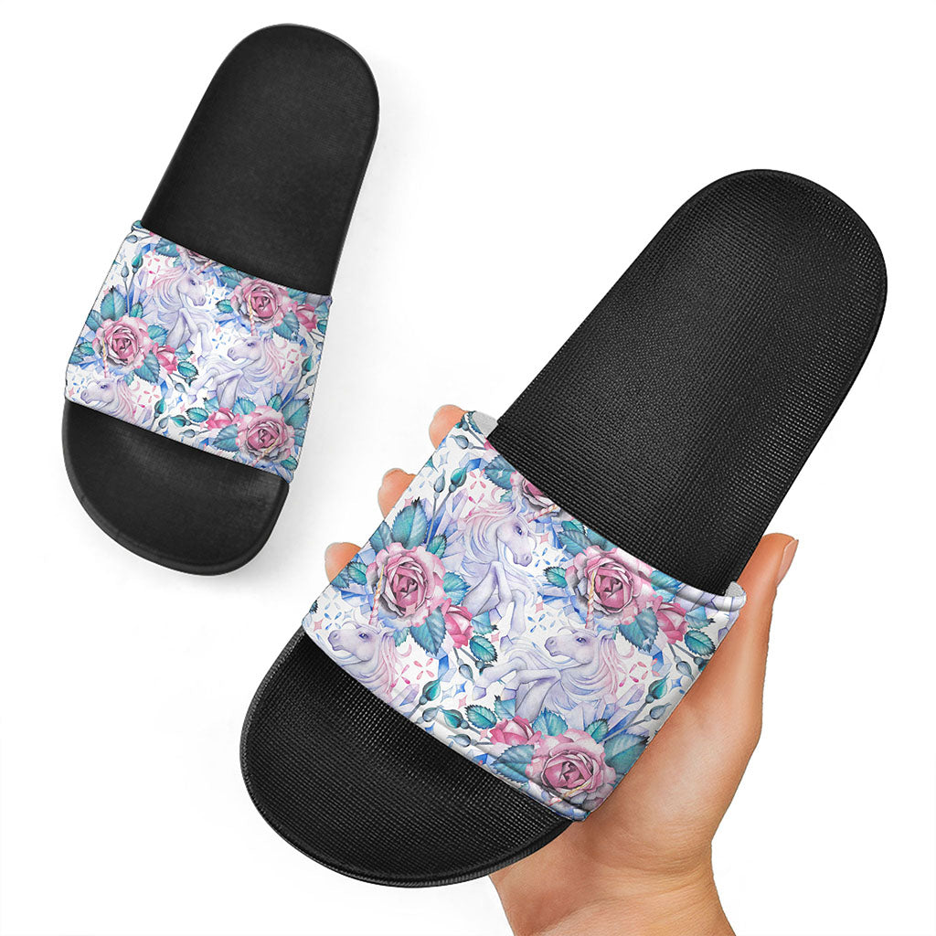 White Fairy Rose Unicorn Pattern Print Black Slide Sandals