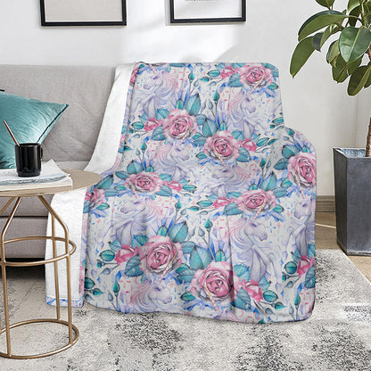 White Fairy Rose Unicorn Pattern Print Blanket