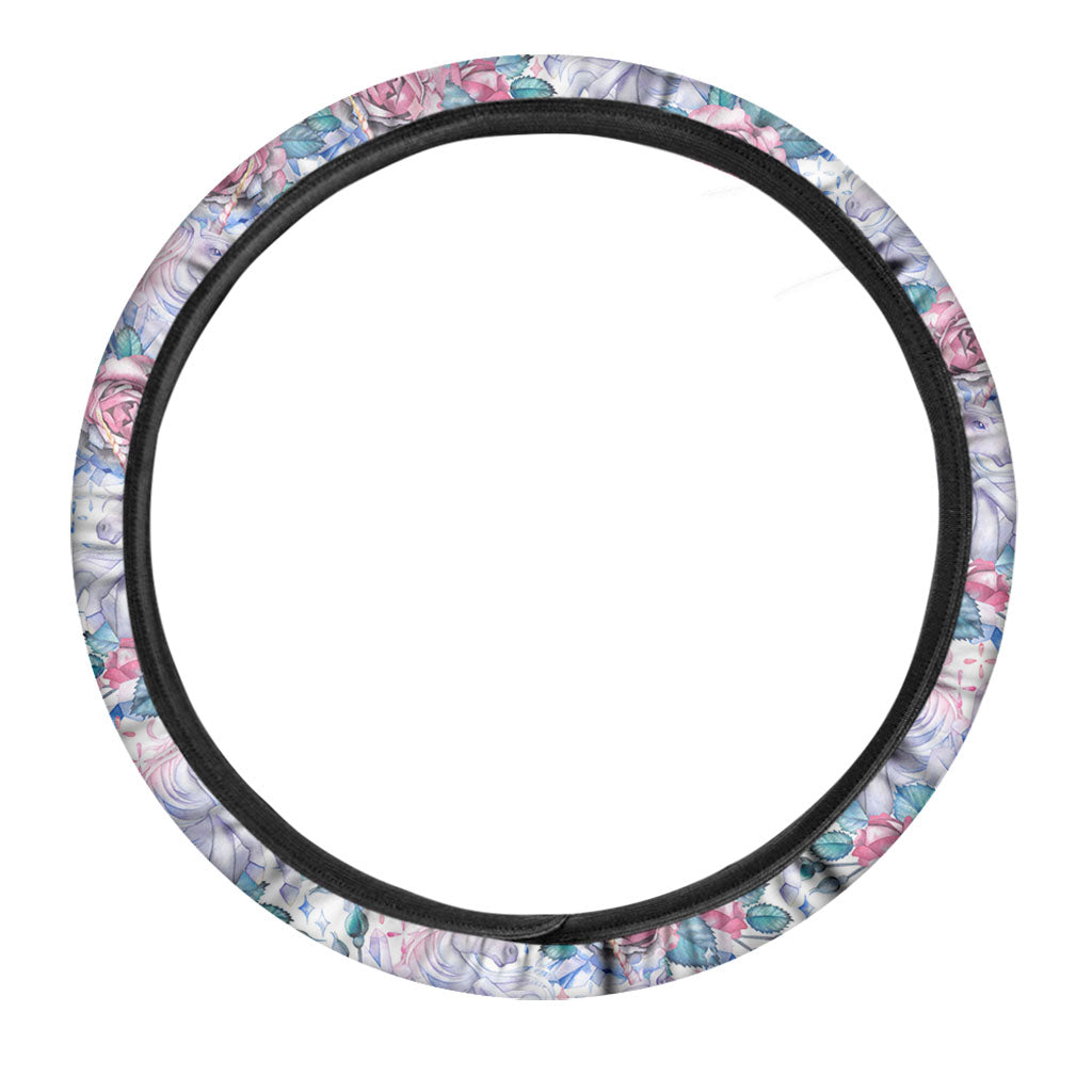 White Fairy Rose Unicorn Pattern Print Car Steering Wheel Cover