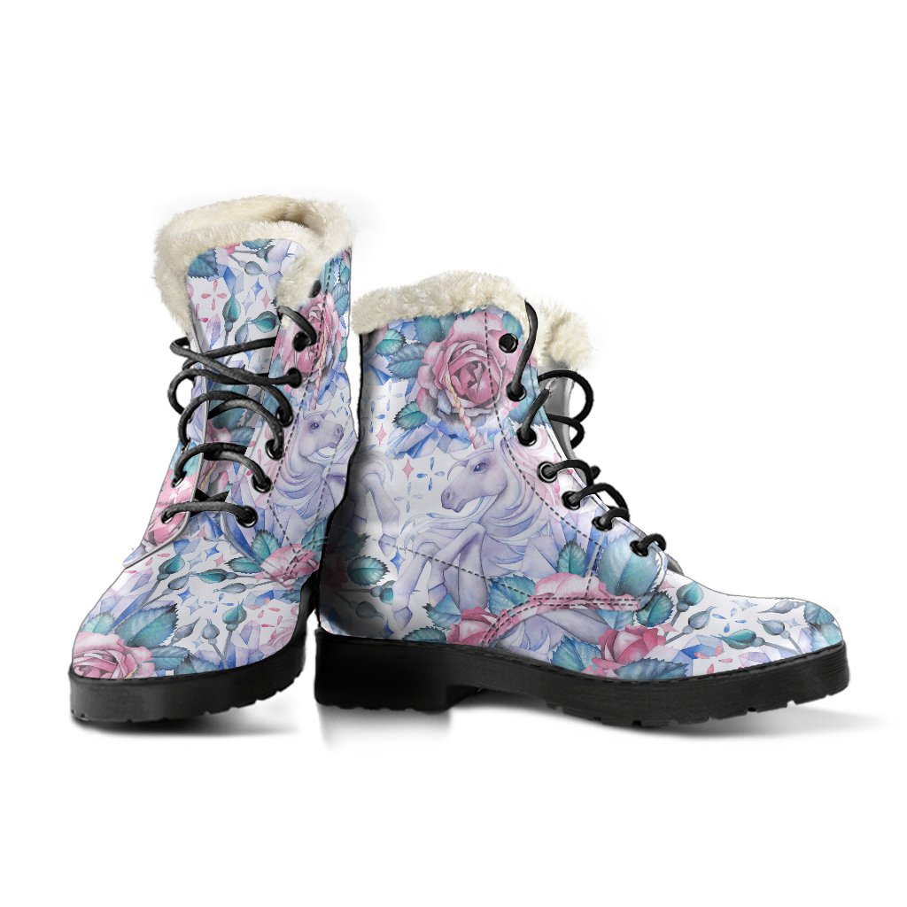 White Fairy Rose Unicorn Pattern Print Comfy Boots GearFrost