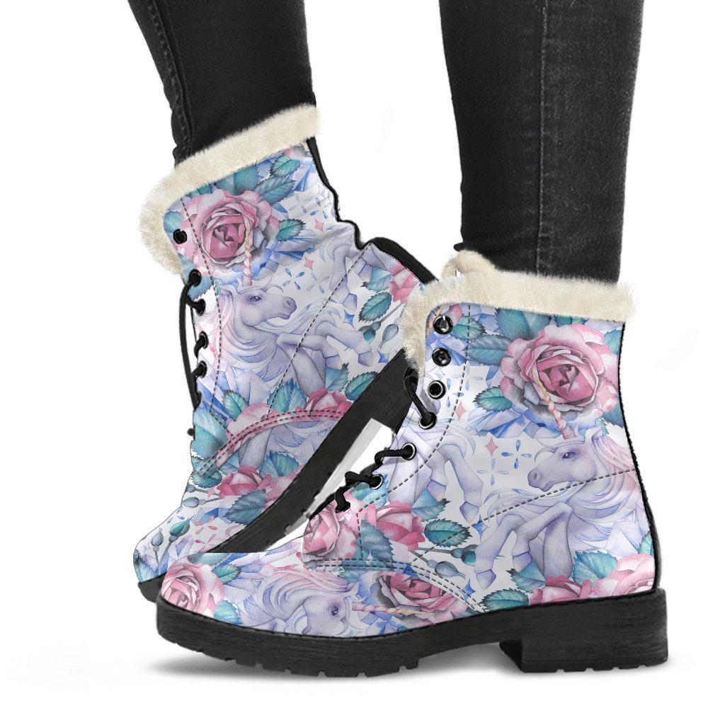 White Fairy Rose Unicorn Pattern Print Comfy Boots GearFrost