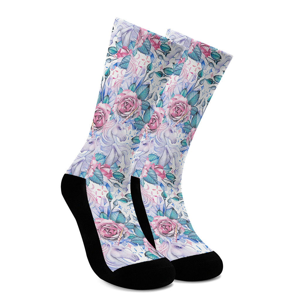 White Fairy Rose Unicorn Pattern Print Crew Socks