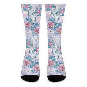 White Fairy Rose Unicorn Pattern Print Crew Socks