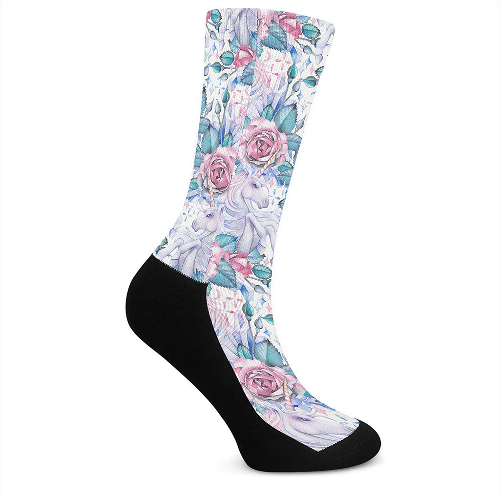 White Fairy Rose Unicorn Pattern Print Crew Socks