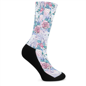 White Fairy Rose Unicorn Pattern Print Crew Socks