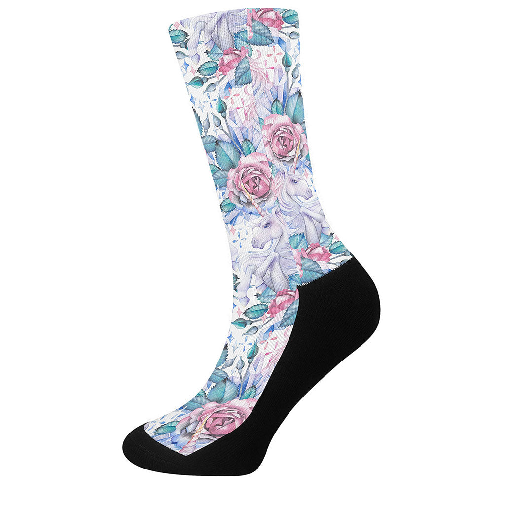 White Fairy Rose Unicorn Pattern Print Crew Socks