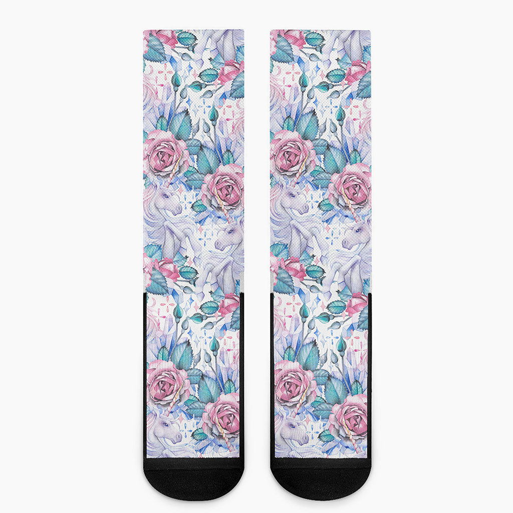 White Fairy Rose Unicorn Pattern Print Crew Socks