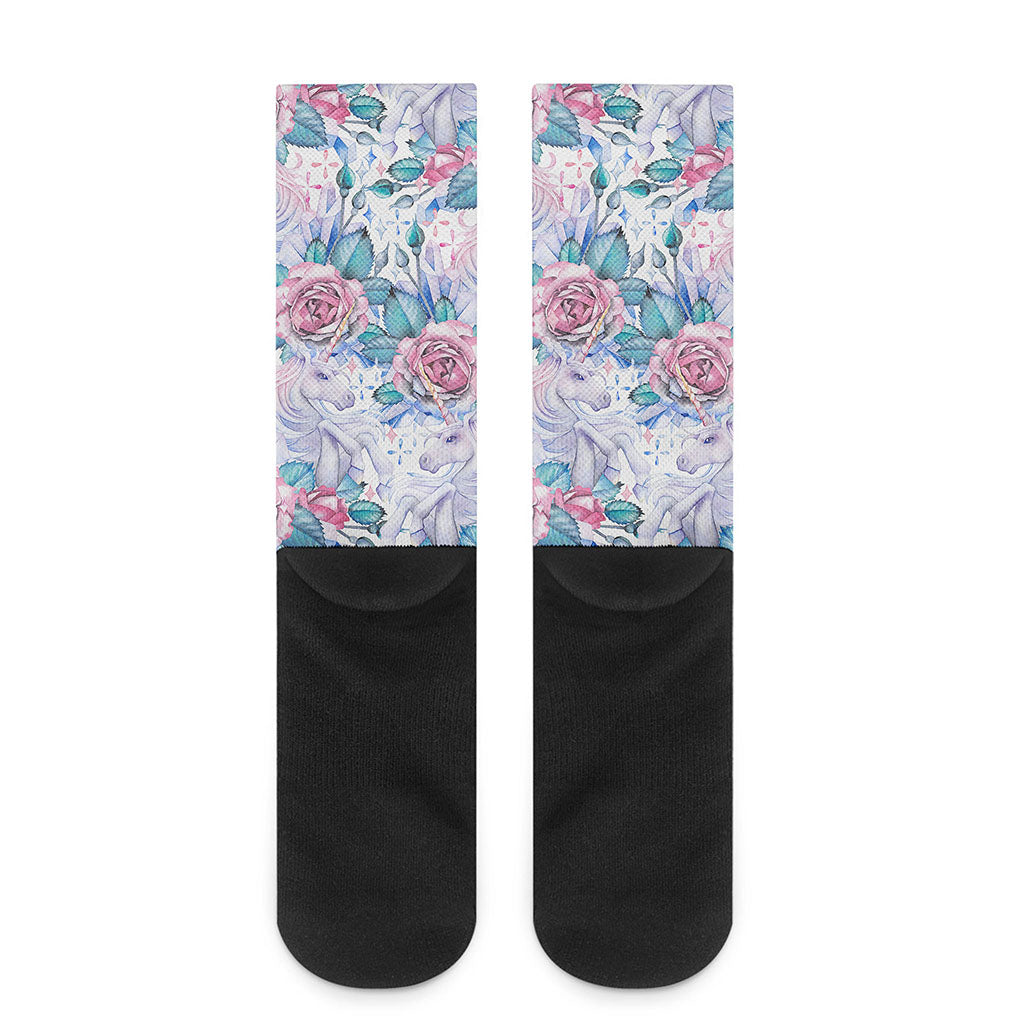 White Fairy Rose Unicorn Pattern Print Crew Socks