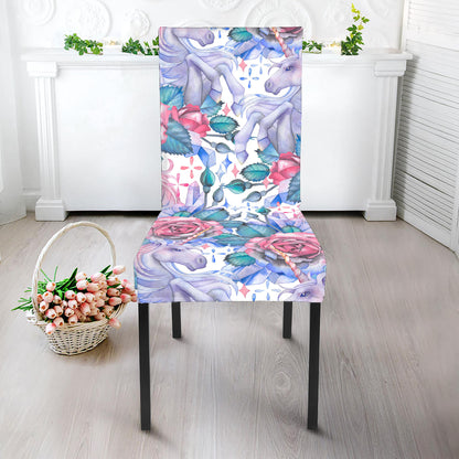 White Fairy Rose Unicorn Pattern Print Dining Chair Slipcover
