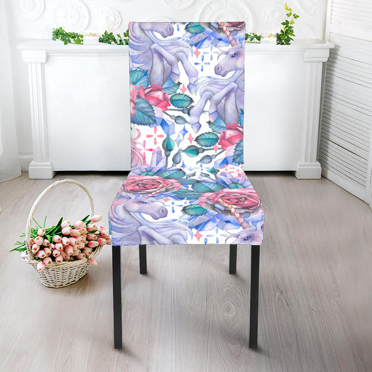 White Fairy Rose Unicorn Pattern Print Dining Chair Slipcover