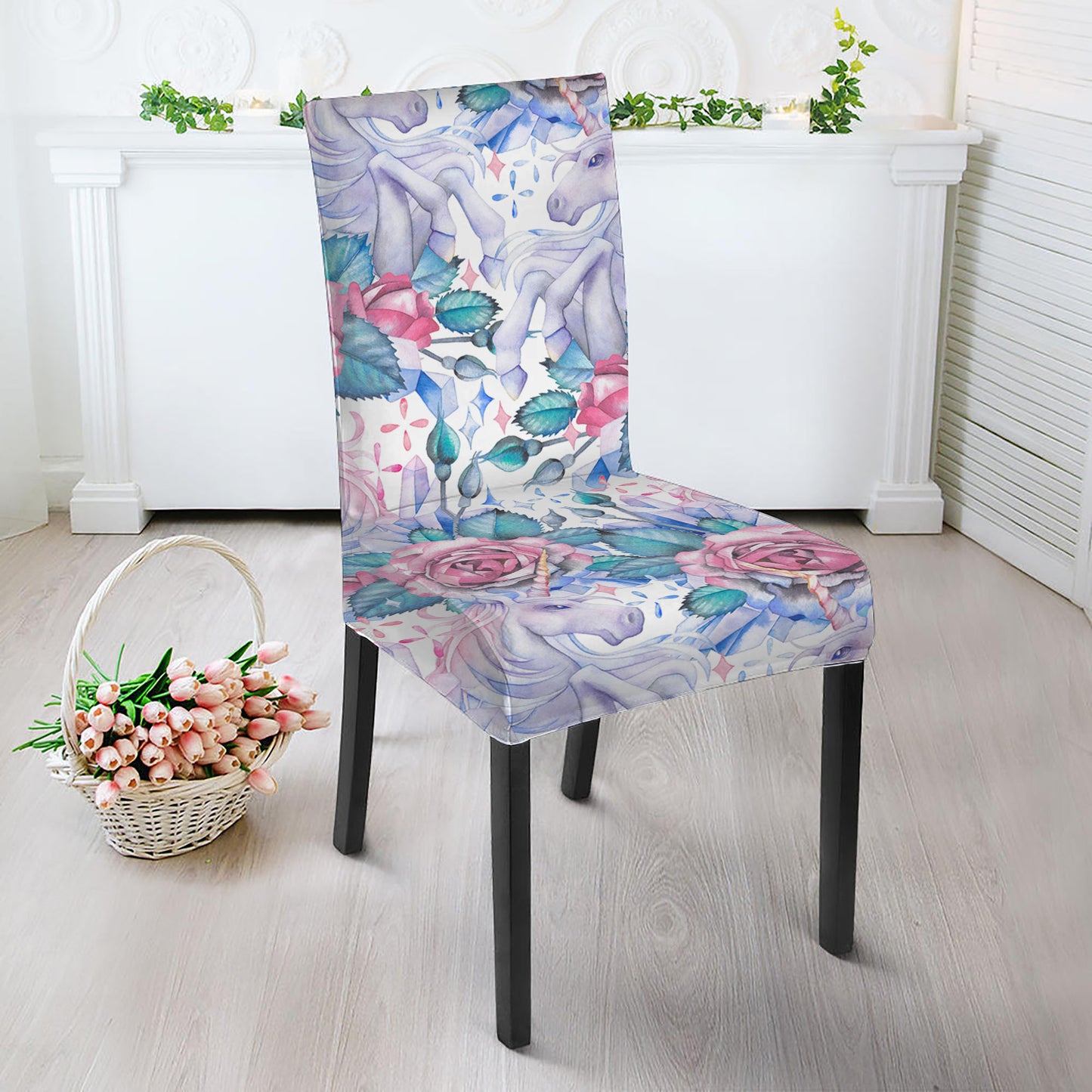 White Fairy Rose Unicorn Pattern Print Dining Chair Slipcover