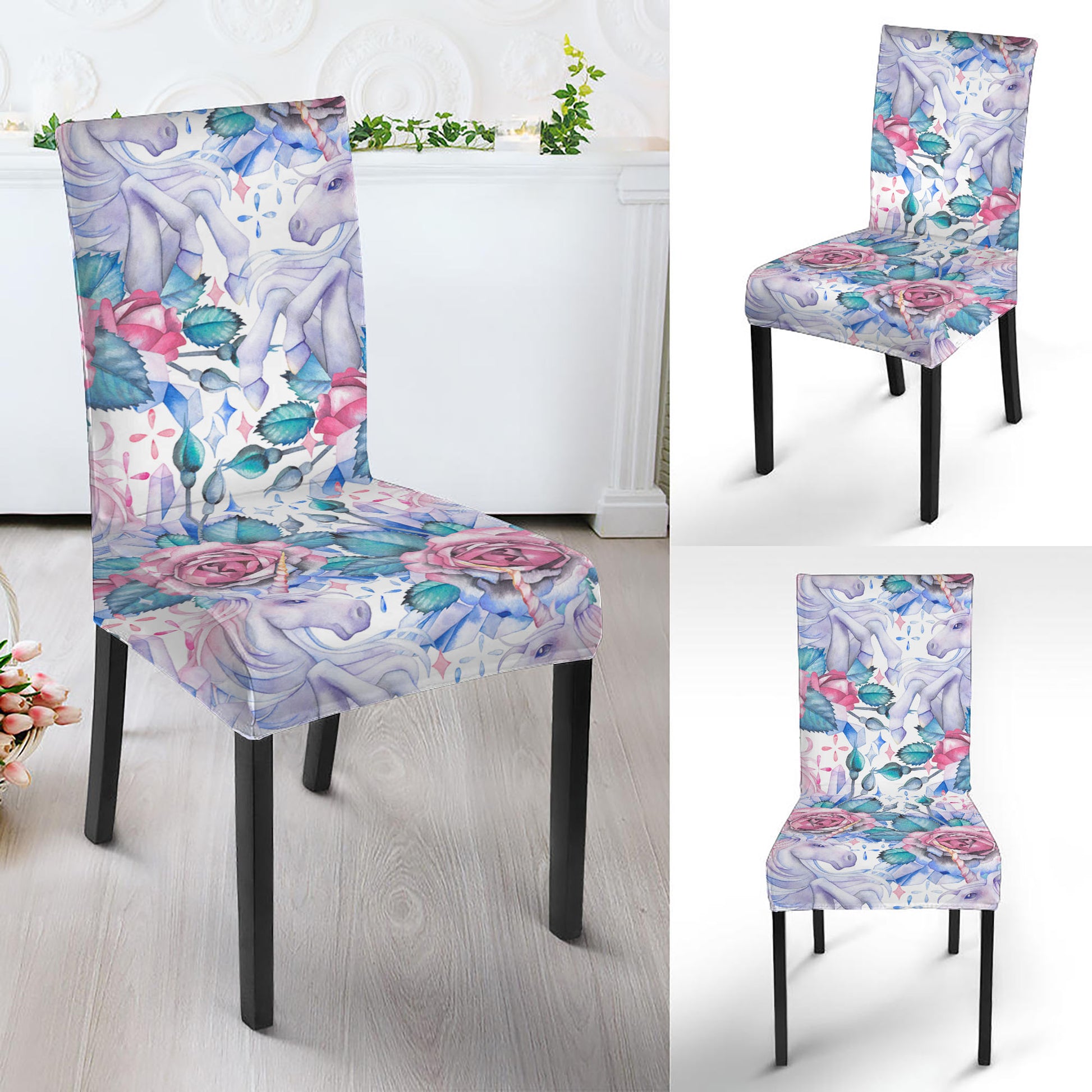 White Fairy Rose Unicorn Pattern Print Dining Chair Slipcover