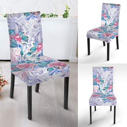 White Fairy Rose Unicorn Pattern Print Dining Chair Slipcover