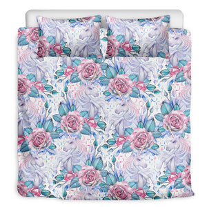 White Fairy Rose Unicorn Pattern Print Duvet Cover Bedding Set