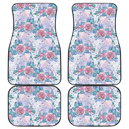 White Fairy Rose Unicorn Pattern Print Front and Back Car Floor Mats