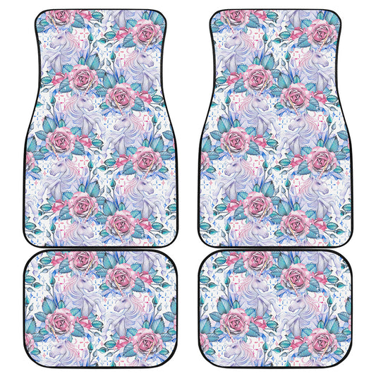 White Fairy Rose Unicorn Pattern Print Front and Back Car Floor Mats