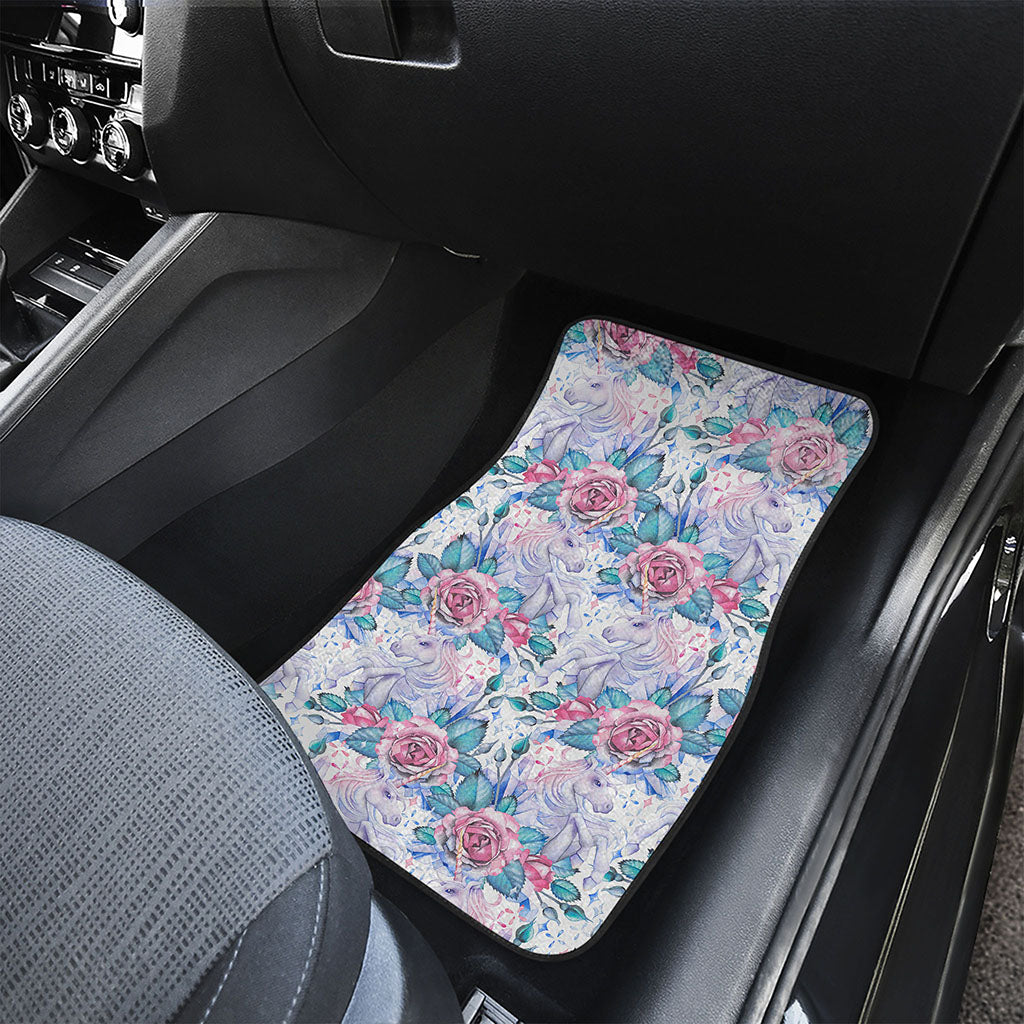 White Fairy Rose Unicorn Pattern Print Front and Back Car Floor Mats