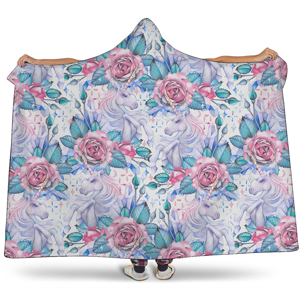 White Fairy Rose Unicorn Pattern Print Hooded Blanket