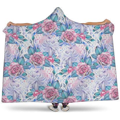 White Fairy Rose Unicorn Pattern Print Hooded Blanket