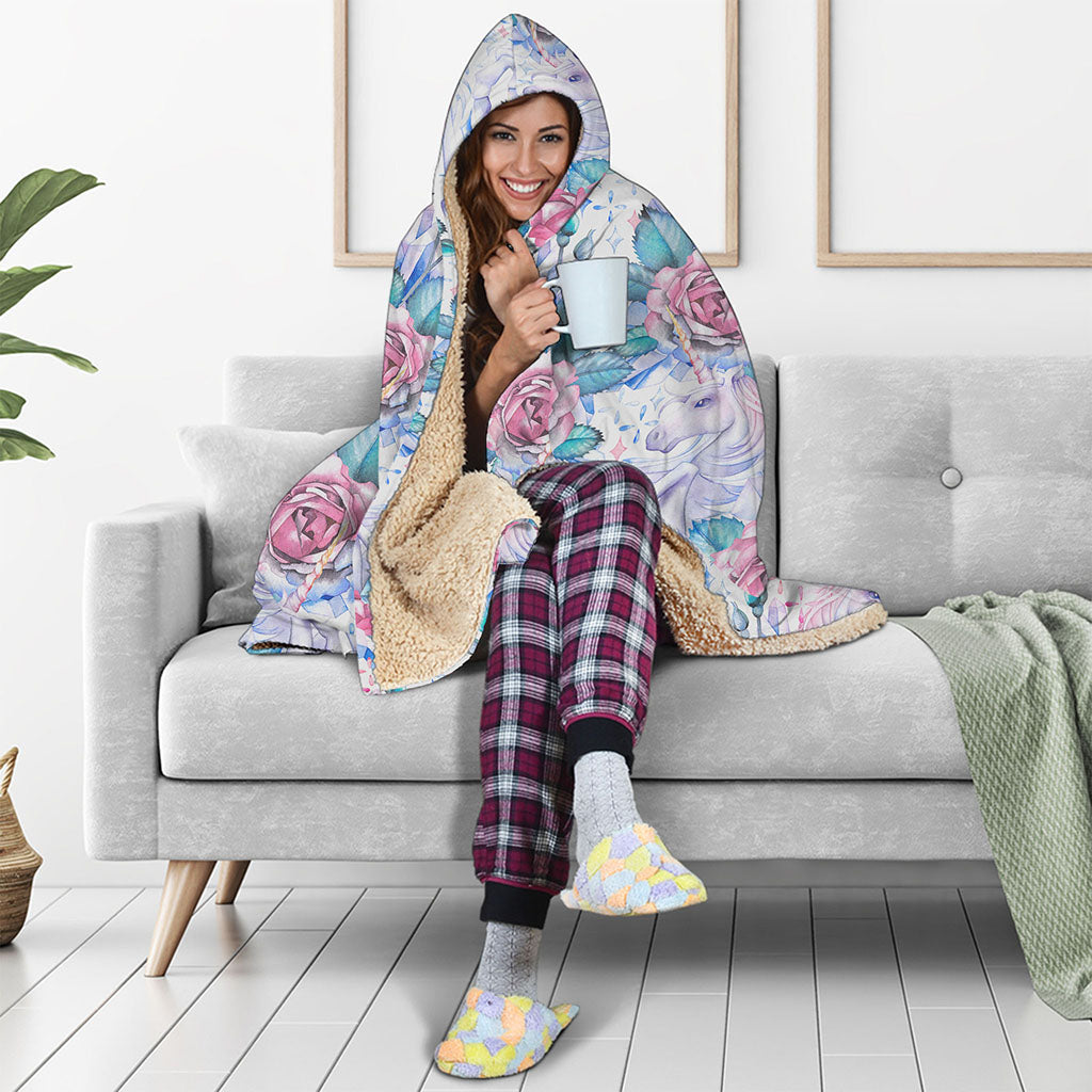White Fairy Rose Unicorn Pattern Print Hooded Blanket