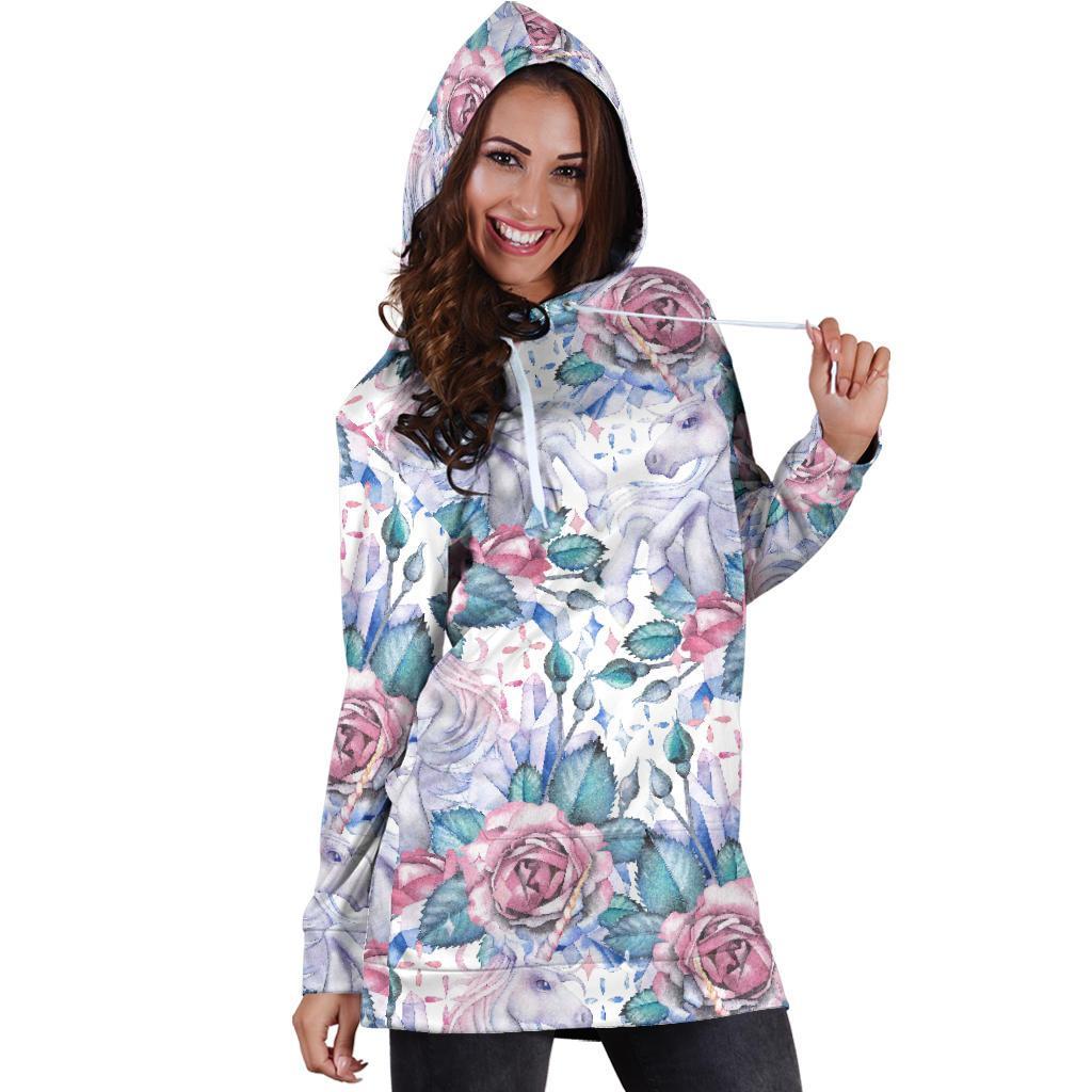 White Fairy Rose Unicorn Pattern Print Hoodie Dress GearFrost