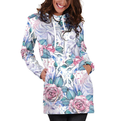 White Fairy Rose Unicorn Pattern Print Hoodie Dress GearFrost