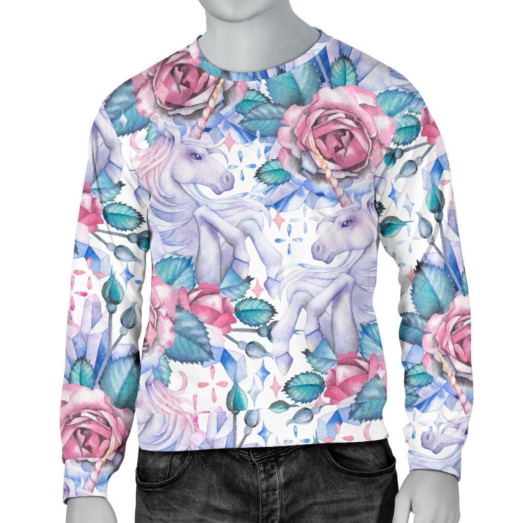 White Fairy Rose Unicorn Pattern Print Men's Crewneck Sweatshirt GearFrost