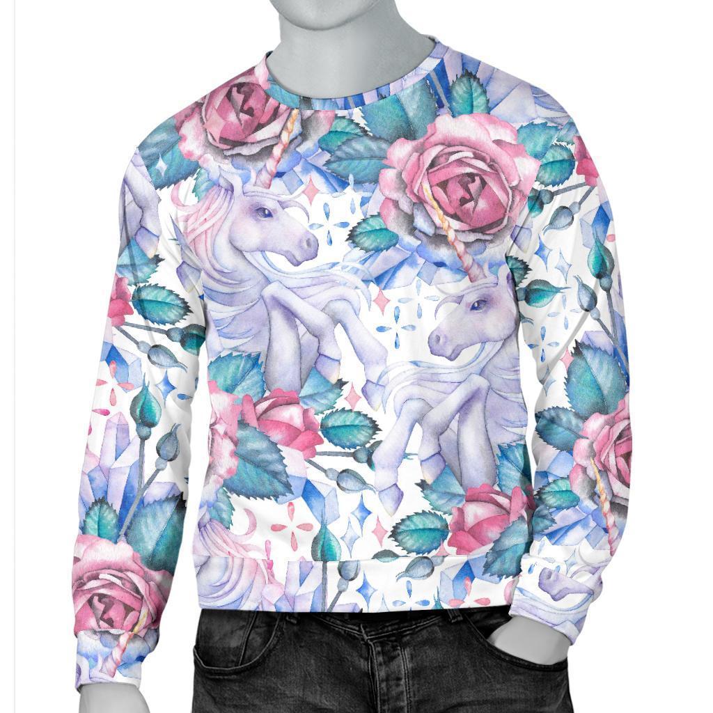 White Fairy Rose Unicorn Pattern Print Men's Crewneck Sweatshirt GearFrost