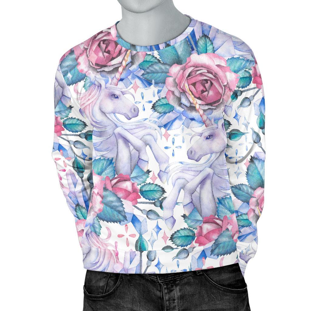 White Fairy Rose Unicorn Pattern Print Men's Crewneck Sweatshirt GearFrost