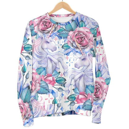 White Fairy Rose Unicorn Pattern Print Men's Crewneck Sweatshirt GearFrost
