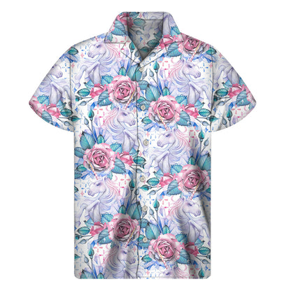 White Fairy Rose Unicorn Pattern Print Men's Short Sleeve Shirt